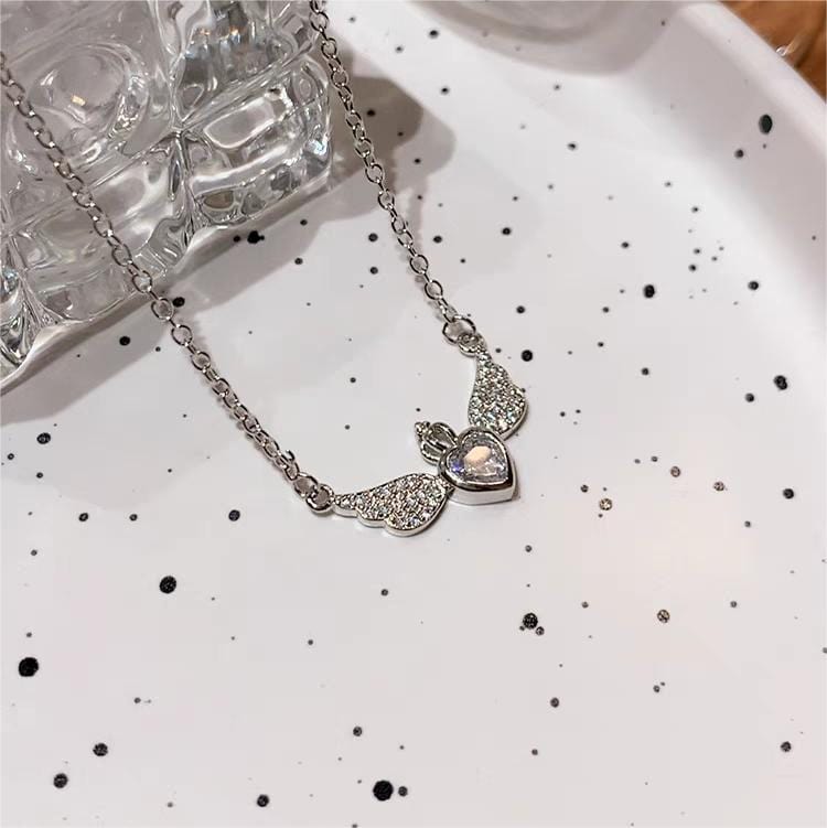 Pandora Pavé Heart & Angel Wings Necklace - Silver/Transparent • Price »